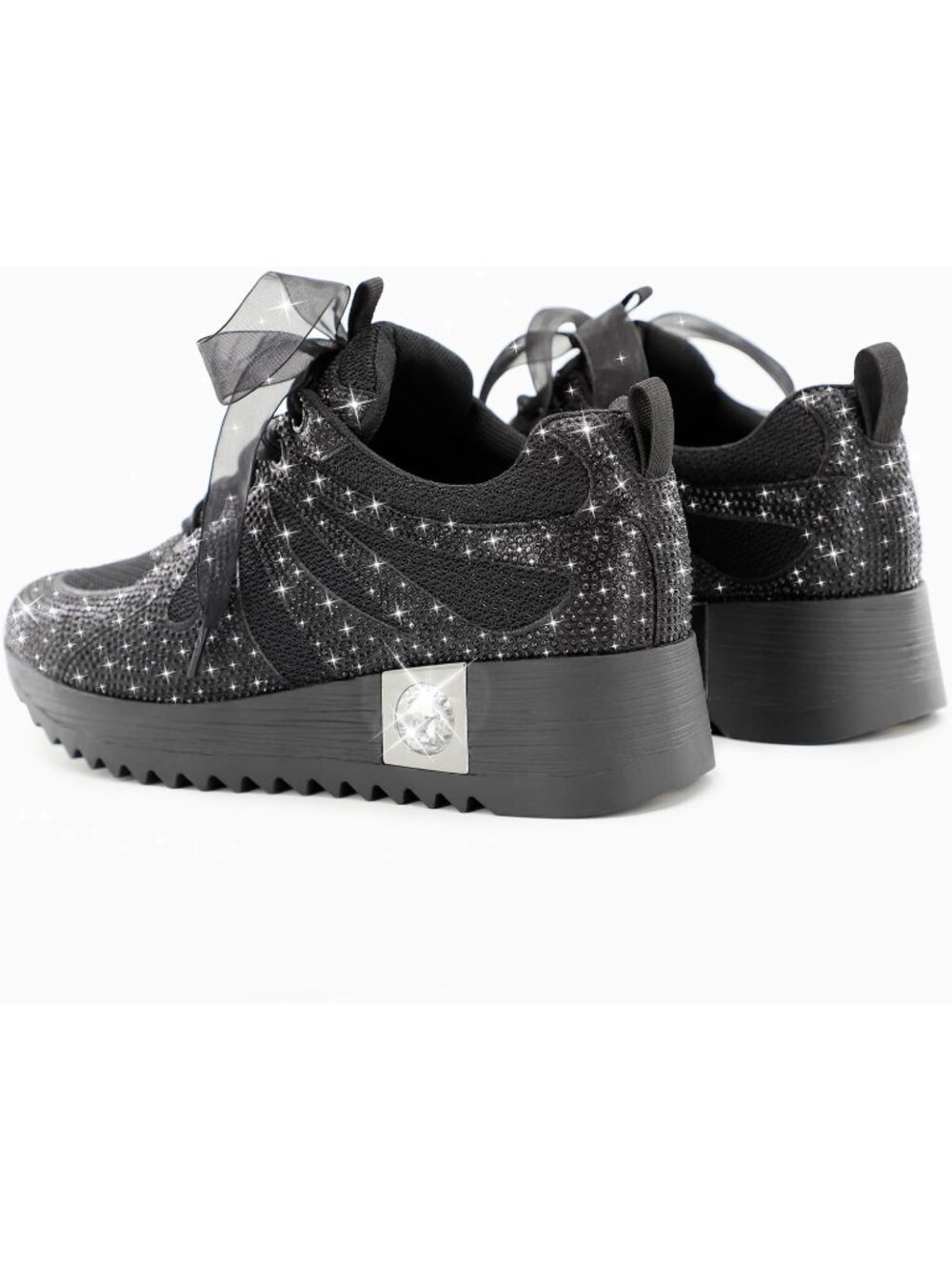 Women's Black Mesh Glitter Sneakers Platform Wedge Shoes Sparkly Rhinestone - Picture 6 of 6